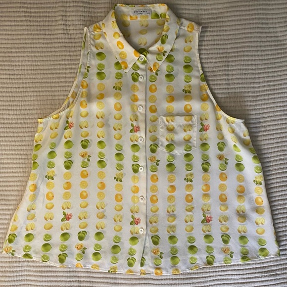 Equipment Femme 100% Silk Button Down Tank Dickey Citrus Lemons Limes Roses L - Picture 1 of 9